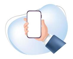 hombre de negocios de ilustración 3d con plantilla de marco de pantalla en blanco de teléfono inteligente sobre fondo blanco para maqueta de teléfono inteligente y concepto de tecnología vector