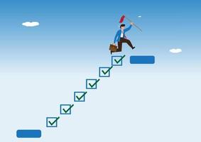 Progress from beginning to success development or improvement Challenges to advance and win the race. Complete missions to complete the project. Businessman stepping on a checklist to carry out goals vector