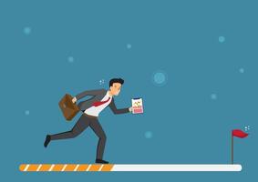 Progress or journey to success or achieve goal, business step or career path, mission or challenge to succeed, improvement concept, ambitious businessman run on progress bar to achieve success vector