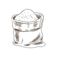 Bag with flour sketch drawing. Vector hand drawn bakery Illustration. Detailed retro style images. Vintage sketch for labels.