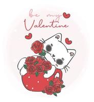lindo gato blanco kawaii con ramo de flores de rosas en taza roja, sé mi San Valentín, personaje de dibujos animados de animales de compañía dibujo a mano ilustración vectorial vector