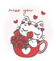 cute kawaii white cat smelling roses flowers in red mug, miss you, pet animal cartoon character hand drawing illustration vector