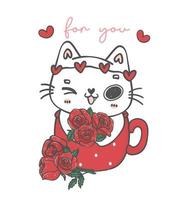 lindo gato blanco kawaii da flores de rosas de boquet en una taza roja, para ti, mascota animal caricatura personaje mano dibujo ilustración vector