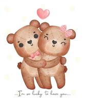 cute couple brown teddy bears, boy and girl hug each other, Happy Valentine, adorable cartoon watercolor hand drawn vector illustration