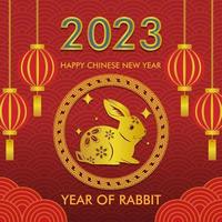 happy chinese new year. year of rabbit design square in gold and red background color with lamp rabbit ornament .for social media post, promotion, greeting card, banner design and web ads vector