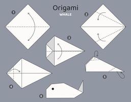 esquema de origami de ballena tutorial. elementos de origami aislados sobre fondo gris. papiroflexia para niños. paso a paso como hacer peces de origami. ilustración vectorial vector