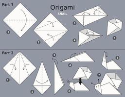 esquema de origami de ballena tutorial. elementos de origami aislados sobre fondo gris. papiroflexia para niños. paso a paso como hacer peces de origami. ilustración vectorial vector