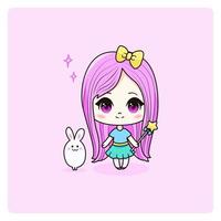 chica linda y kawaii con conejito y lazo. felizmente manga chibi ilustración vectorial. todos los objetos están aislados. vector