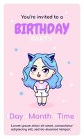 Happy birthday vertical invitation card with cartoon kawaii anime girl. Vector illustration for celebrating date birth. Web or print design.