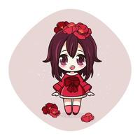 Cute and kawaii girl in dress with poppies. Happily manga chibi girl with red flowers. Vector Illustration. All objects are isolated. Art for prints, covers, posters and any use.