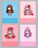 Trendy vector covers set with kawaii anime chibi girls. Vector design for covers, notebooks, diary, planner, prints, posters. Drawings can be resized.