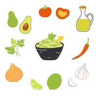 Ingredients for guacamole in cartoon flat style. Hand drawn vector illustration of mexican traditional food with set of vegetables and fruits