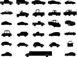 conjunto de iconos de objetos de tipo y modelo de coche. ilustración vectorial negra aislada en fondo blanco con sombra. variantes de silueta de carrocería de automóvil para web. vector