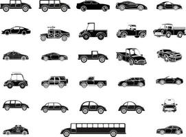 conjunto de iconos de objetos de tipo y modelo de coche. ilustración vectorial negra aislada en fondo blanco con sombra. variantes de silueta de carrocería de automóvil para web. vector