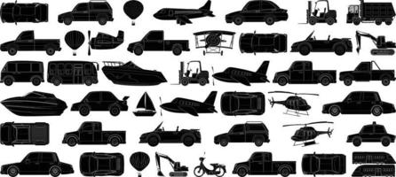 Cars, Ships, Trains, Planes, vector illustrations, set silhouettes isolated on white background.