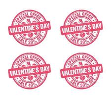 juego de sellos grunge rosa de venta de día de san valentín. oferta especial 20, 30, 40, 50 por ciento de descuento vector