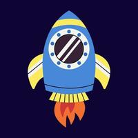 Cute rocket with fire, spaceship in outer space. Fantastic galaxy, cosmic rocketship, spacecraft in cosmos. Childish universe, space exploration. vector