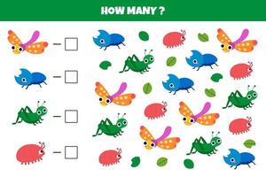 Count how many garden insects for preschool children. Dragonfly, grasshopper, rhinoceros beetle. Education counting game. Write number of bugs. Forest beetle math worksheet. vector