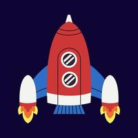 Cute rocket with fire, spaceship in outer space. Fantastic galaxy, cosmic rocketship, spacecraft in cosmos. Childish universe, space exploration. vector