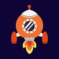 Cute rocket with fire, spaceship in outer space. Fantastic galaxy, cosmic rocketship, spacecraft in cosmos. Childish universe, space exploration. vector