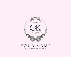 Initial OK beauty monogram and elegant logo design, handwriting logo of initial signature, wedding, fashion, floral and botanical with creative template. vector