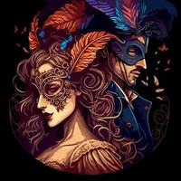 fictional characters stylishly dressed up for a masquerade wearing ornate Venetian masks
