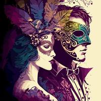 fictional characters stylishly dressed up for a masquerade wearing ornate Venetian masks vector