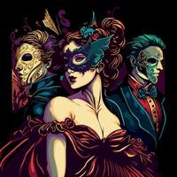 fictional characters stylishly dressed up for a masquerade wearing ornate Venetian masks