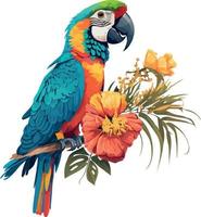 macaw perched on a branch with a flower vector