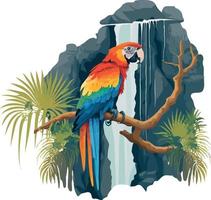 macaw perched on a branch with a waterfall in the background vector