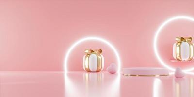 3d rendering. Pink heart gift box and podium stand to show product display on pink color background and ring light. Abstract minimal geometric shapes backdrop for valentine day design photo