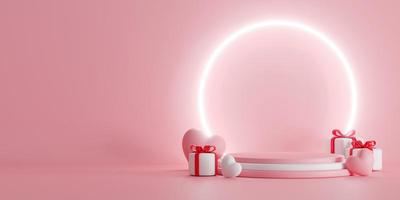 3d rendering. Pink heart gift box and podium stand to show product display on pink color background and ring light. Abstract minimal geometric shapes backdrop for valentine day design photo