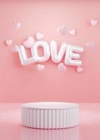 3d rendering. Letter L O V E pink heart and podium stand to show product display on pink color background. Abstract minimal geometric shapes backdrop for valentine day design photo