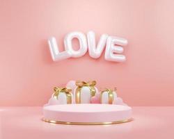 3d rendering. Letter L O V E pink heart gift box and podium stand to show product display on pink color background. Abstract minimal geometric shapes backdrop for valentine day design photo