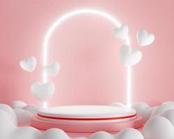 3d rendering. White heart and podium stand to show product display on pink color background and ring light. Abstract minimal geometric shapes backdrop for valentine day design photo