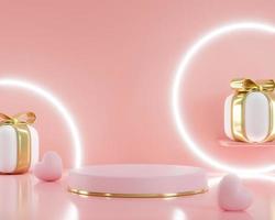 3d rendering. Pink heart gift box and podium stand to show product display on pink color background and ring light. Abstract minimal geometric shapes backdrop for valentine day design photo