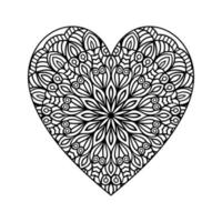 corazón con patrón de mandala floral, patrón floral de mandala en forma de corazón para colorear libro, garabato de mandala floral de corazón dibujado a mano, página de color de mandala de corazón para adultos vector