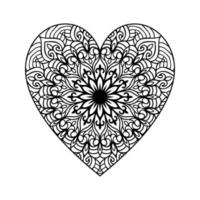 corazón con patrón de mandala floral, patrón floral de mandala en forma de corazón para colorear libro, garabato de mandala floral de corazón dibujado a mano, página de color de mandala de corazón para adultos vector