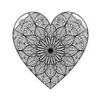 corazón con patrón de mandala floral, patrón floral de mandala en forma de corazón para colorear libro, garabato de mandala floral de corazón dibujado a mano, página de color de mandala de corazón para adultos vector