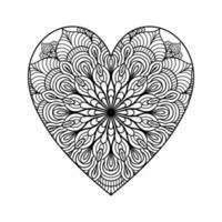 corazón con patrón de mandala floral, patrón floral de mandala en forma de corazón para colorear libro, garabato de mandala floral de corazón dibujado a mano, página de color de mandala de corazón para adultos vector