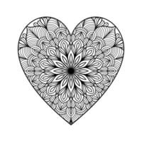 corazón con patrón de mandala floral, patrón floral de mandala en forma de corazón para colorear libro, garabato de mandala floral de corazón dibujado a mano, página de color de mandala de corazón para adultos vector