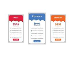 Modern web pricing table, pricing comparison chart subscription plan option layout design template vector