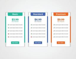 Modern web pricing table, pricing comparison chart subscription plan option layout design template vector