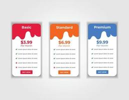 Modern web pricing table, pricing comparison chart subscription plan option layout design template vector