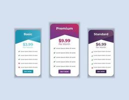 Modern web pricing table, pricing comparison chart subscription plan option layout design template vector
