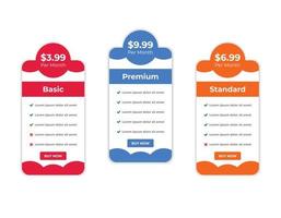 Modern web pricing table, pricing comparison chart subscription plan option layout design template vector