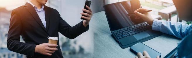 Businessman using mobile smart phone. Business global internet connection application technology and digital marketing, Financial and banking, Digital link tech, big data. photo