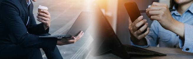 Businessman using mobile smart phone. Business global internet connection application technology and digital marketing, Financial and banking, Digital link tech, big data. photo