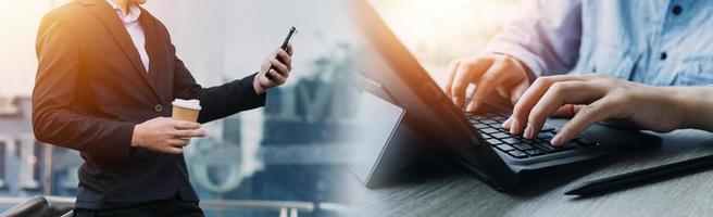 Businessman using mobile smart phone. Business global internet connection application technology and digital marketing, Financial and banking, Digital link tech, big data. photo