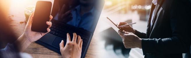 Businessman using mobile smart phone. Business global internet connection application technology and digital marketing, Financial and banking, Digital link tech, big data. photo